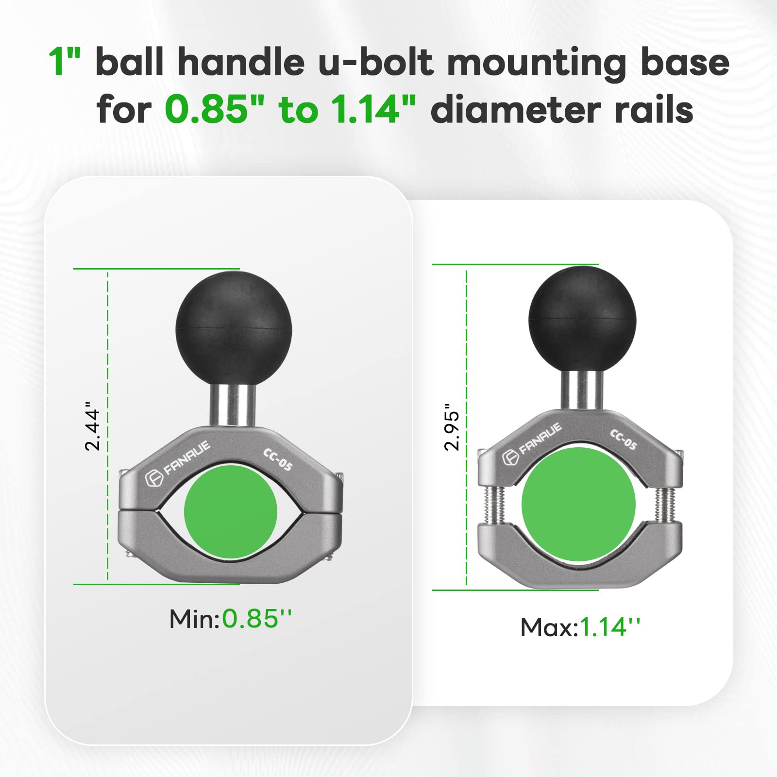 FANAUE Handlebar Clamp Mount U-Bolt Base with B Size 1'' Ball for 0.85'' to 1.14'' Diameter Rail, Compatible with RAM Mounts B S