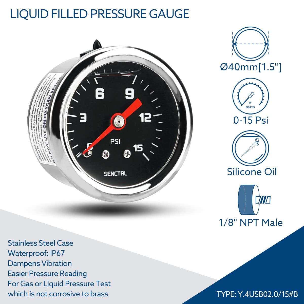 Senctrl 0-15 Psi Fuel Pressure Gauge, 1-1/2'' Black Dial, 1/8'' Npt Back Mount, Silicone Oil Liquid Filled, Stainless Steel Case