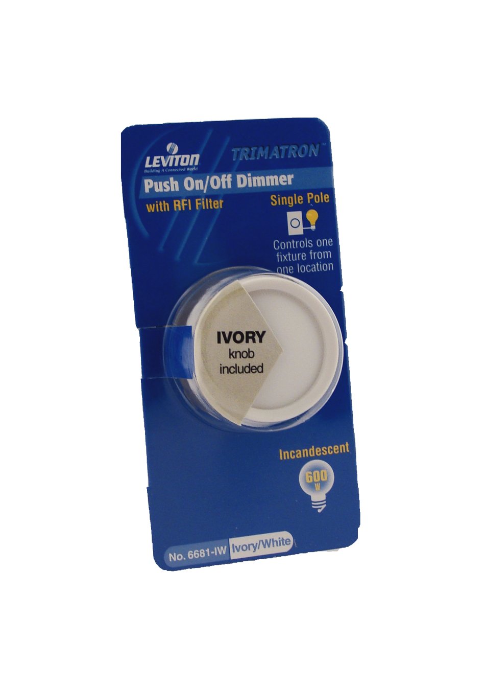 Leviton 6681-Iw Trimatron 600W Incandescent Rotary Dimmer, Single Pole, Ivory/White