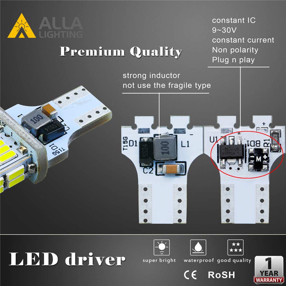Alla Lighting T10/T15 912 921 W16W Led Reverse Light Bulb, Can-Bus Error Free 6000K White Back-Up/Trunk/3Rd Brake Lights Lamp 92