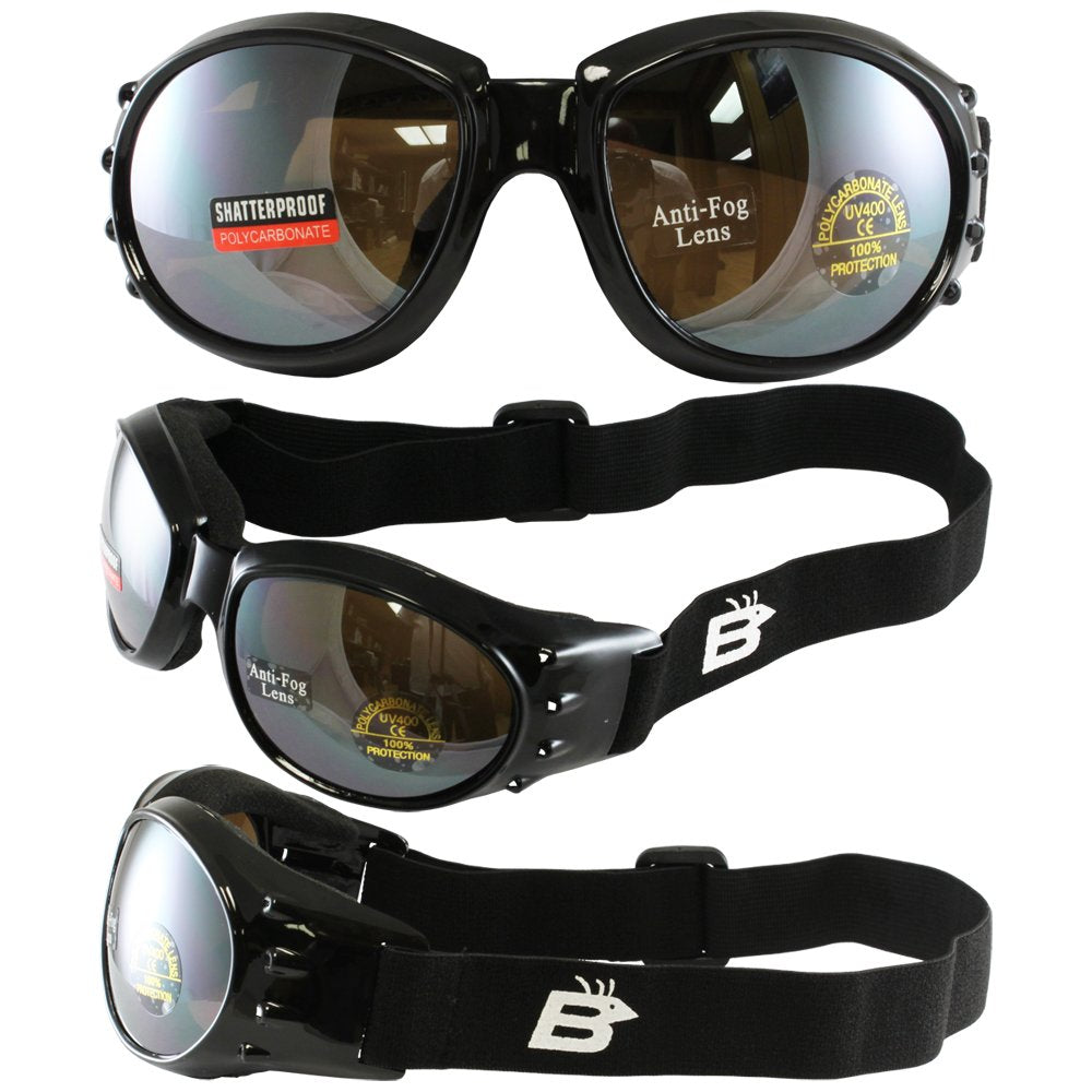 Red Baron Motorcycle Aviator Goggles Black Padded Frame Anti Fog Driving Mirror Lens with Micro Fiber Pouch