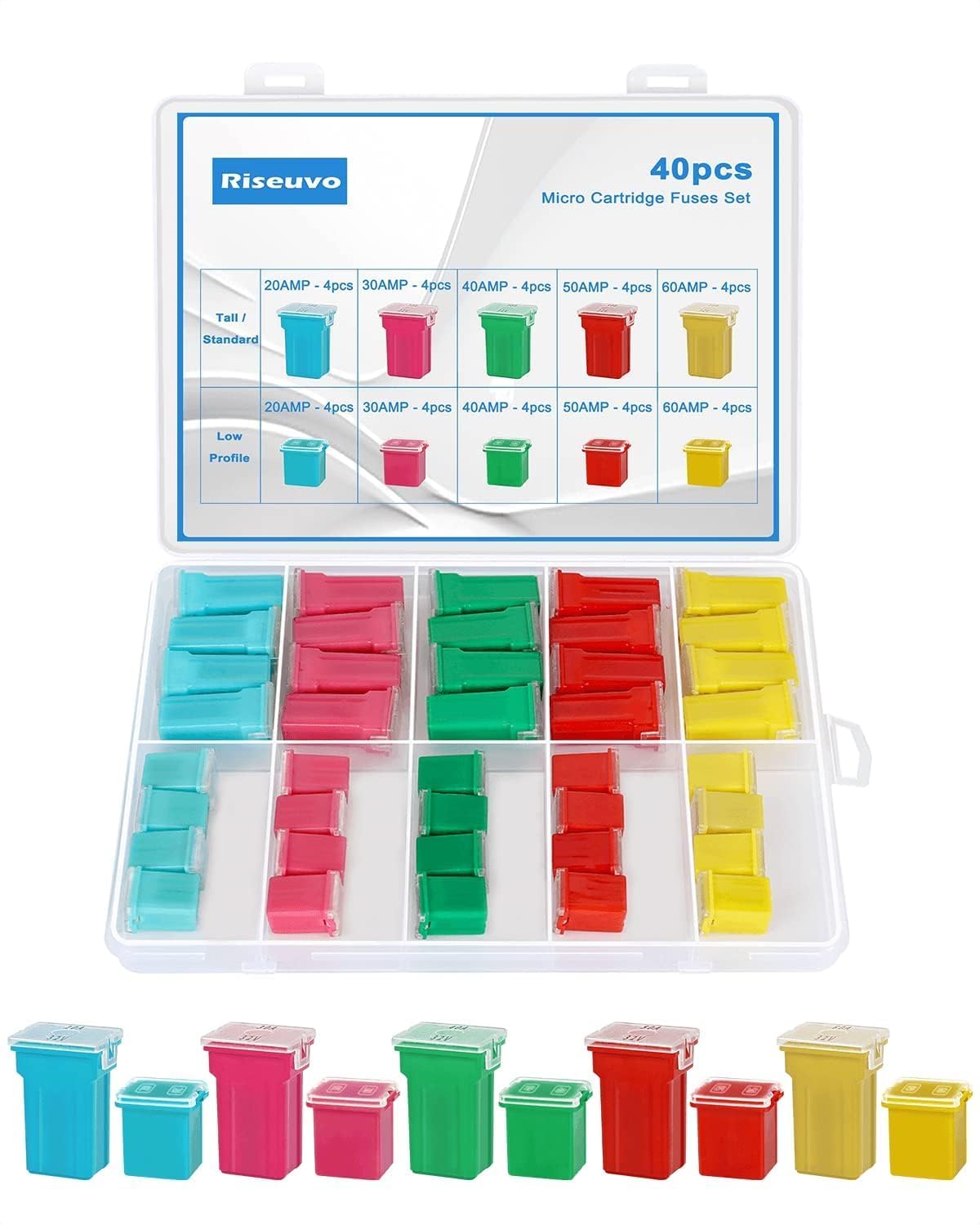 Riseuvo 40 Pcs Car Cartridge Fuses - Automotive Jcase Fuses Assortment Kit Low Profile And Tall/Standard Box Shaped Fuses 20A 30