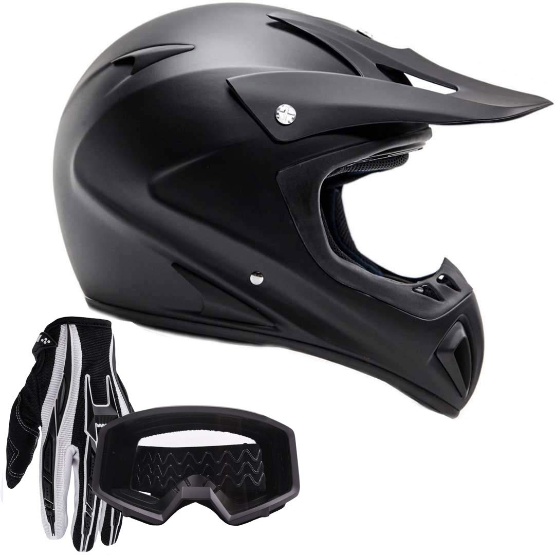 Typhoon Adult Atv Mx Helmet Goggles Gloves Gear Combo Matte Black ( Small )