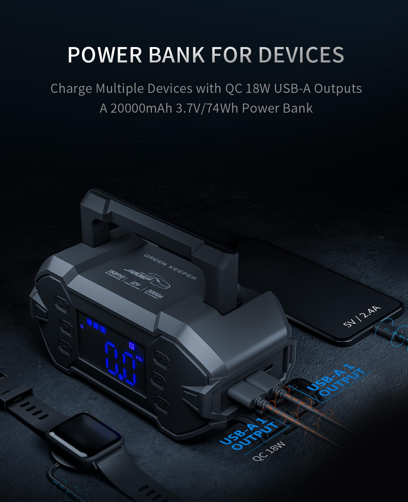 Portable Car Jump Starter 3000A With Air Compressor 12V Battery Jumper Emergency For 8.0L Gas & Diesel Engines Power Booster Sta