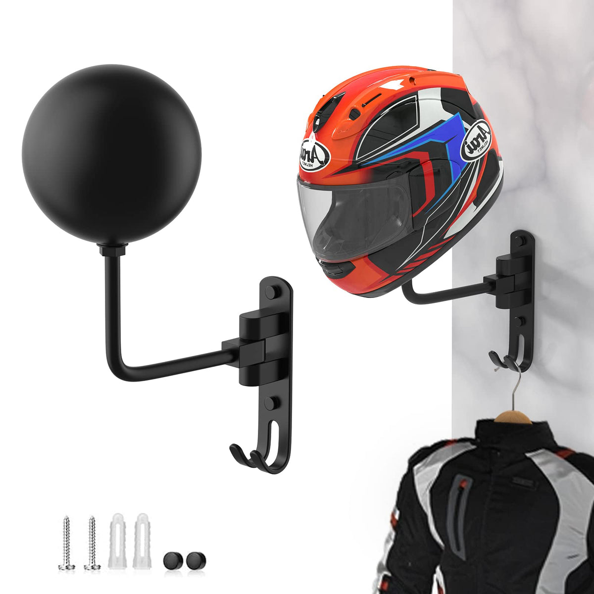Lifxize Helmet Hanger Helmet Hanger Wall Mount 180° Rotation With 2 Hooks Helmet Holder For Motorcycle Bike Racing Coats Suit Sports Gear - 1 Pack