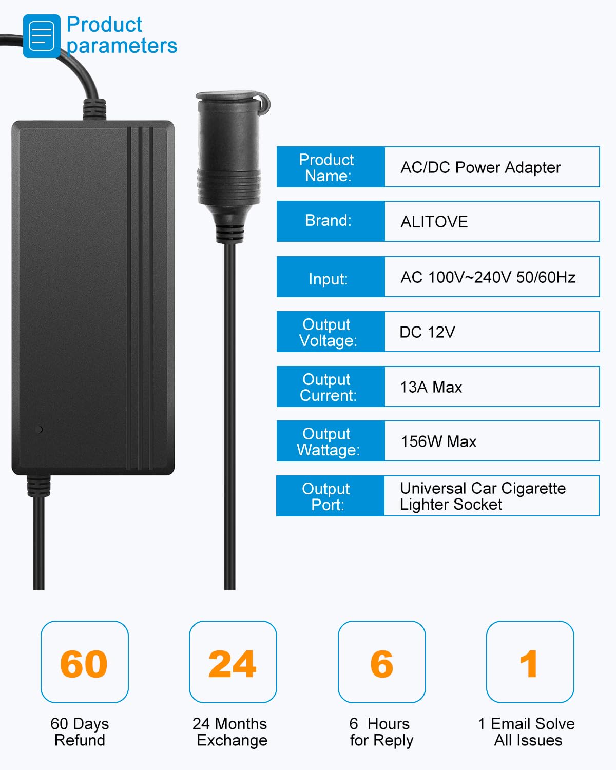 Alitove Ac To Dc Converter 13A 156W Max 120V 110V To 12V Converter Ac/Dc Adapter Power Supply With Car Cigarette Lighter Socket
