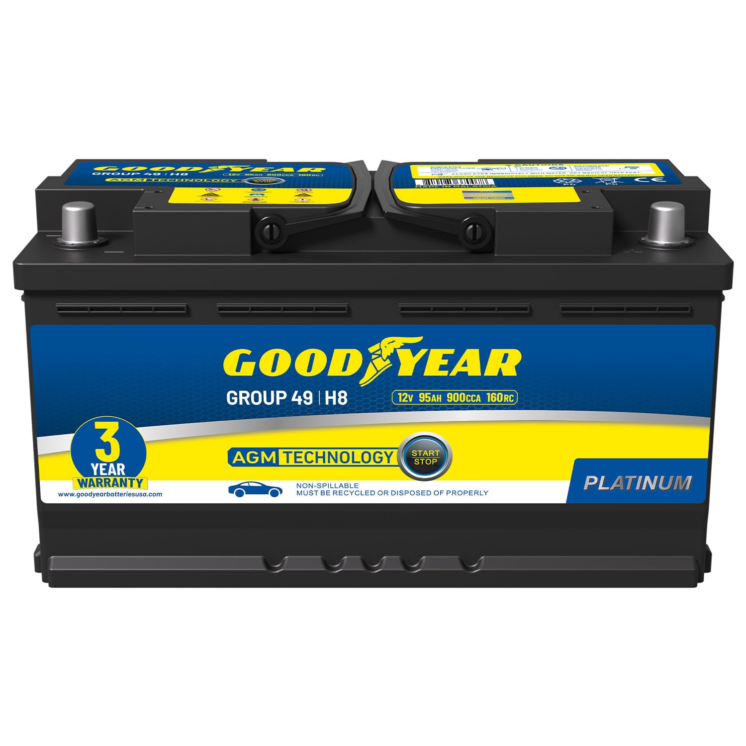 Goodyear 49-H8-AGM BCI Group Size 49 12V 95 AH, 160RC, 900 CCA Platinum series Rechargeable AGM Maintenance Free Automotive Batt