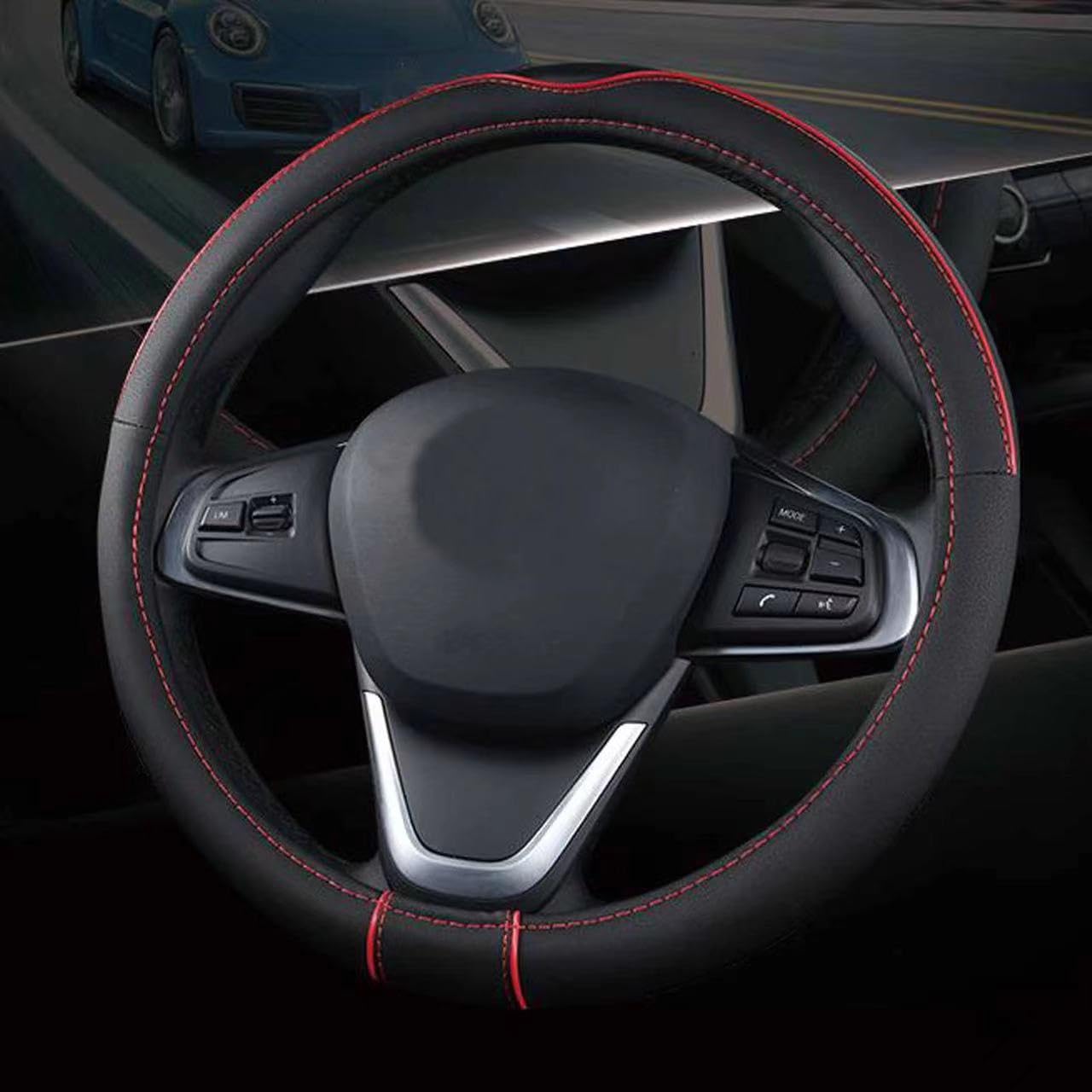 Shiawasena Auto Car Steering Wheel Cover, Universal 15 Inch Fit, Soft Leather, Breathable Anti Slip (Black&Red)