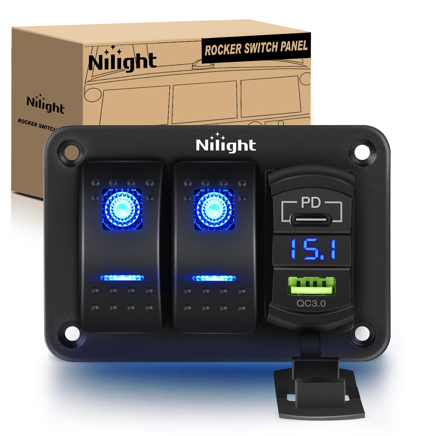 Nilight 2 Gang Rocker Switch Panel Blue Backlit With Pd Type C And Usb Charger Voltmeter Waterproof 12V 24V Dc Night Glow Sticke
