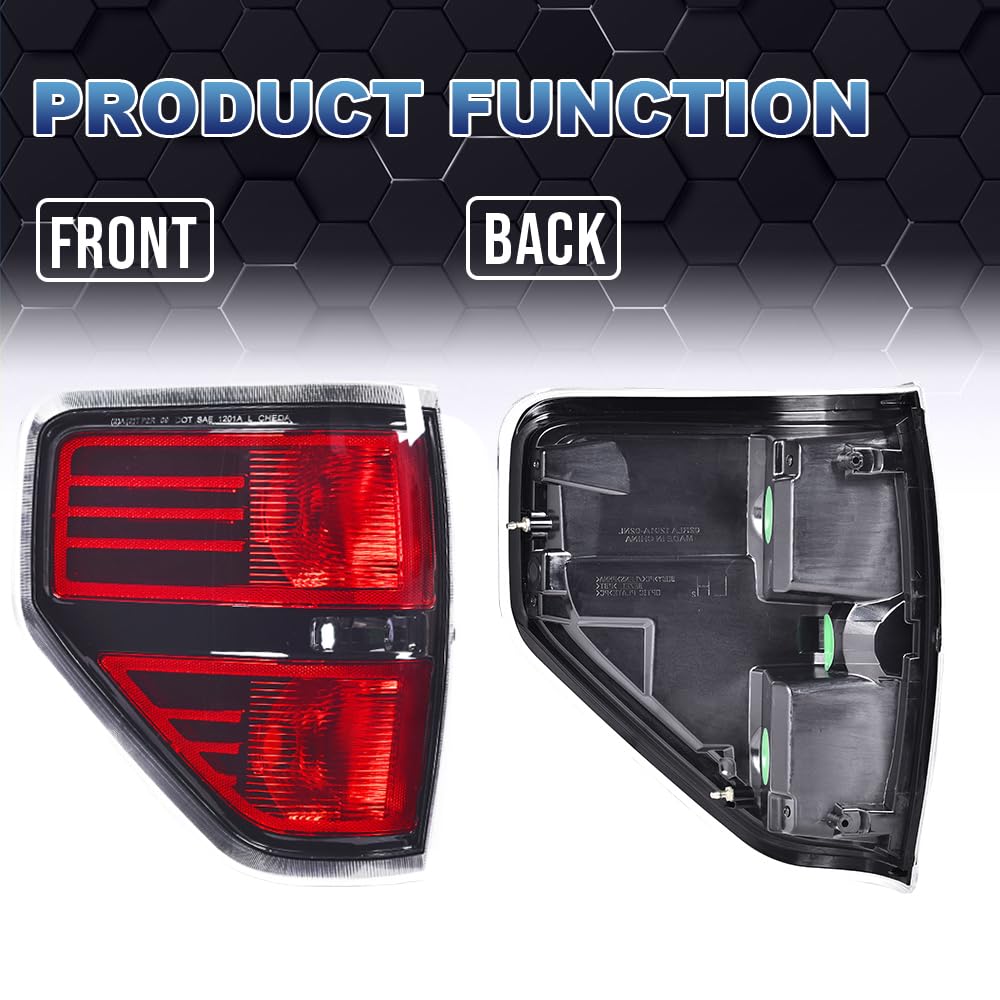 Pit66 Tail Lights, Compatible With 2009 2010 2011 2012 2013 2014 Ford F150 Pickup Svt,Black Lens Chrome Trim Rear Brake Lamp Acc