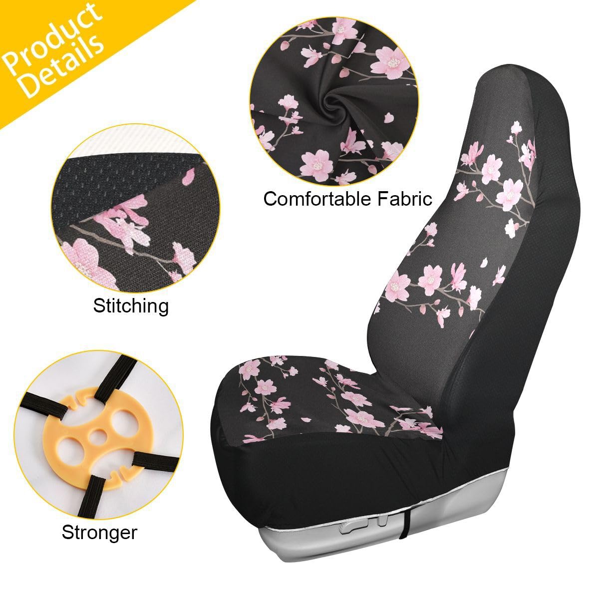 LONSANT Cherry Blossom Car Seat Covers Set of 2,Japanese Pink Flowers Print Tree Branches with Falling Petals Universal Auto Fro