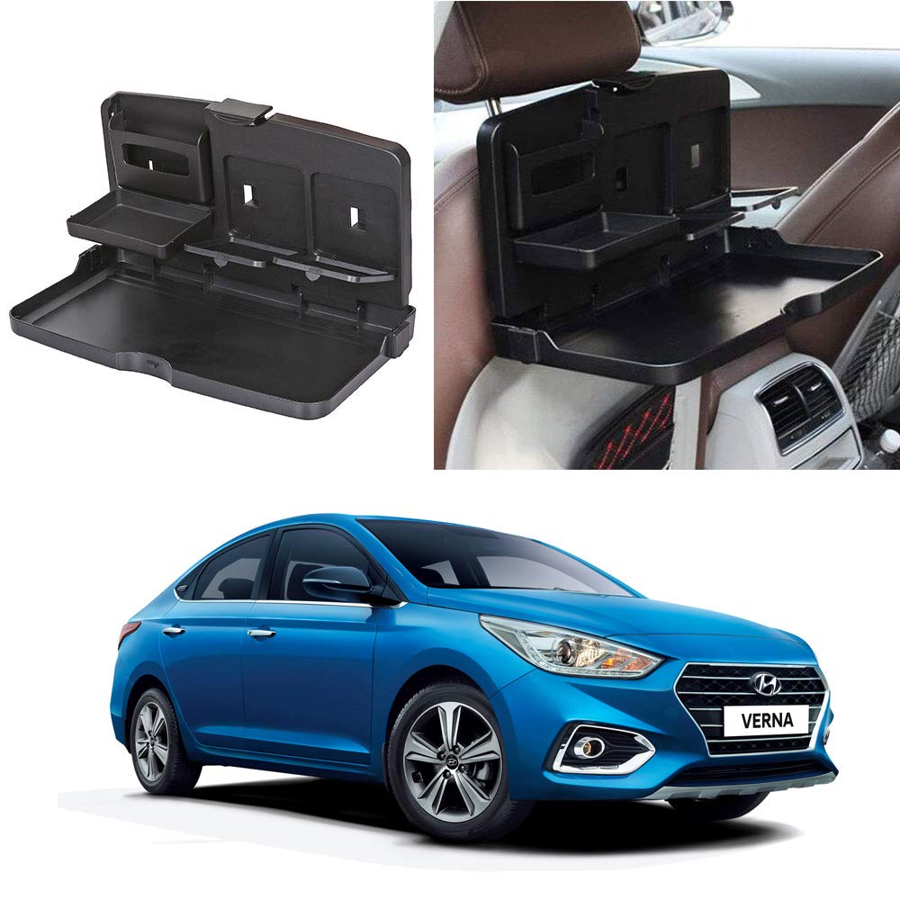 Oshotto (FT02) Car Backseat Food Travel Dining Meal & Snaks Tray & Cup Holder Compatible with Hyundai Verna (Black)  1 Piece