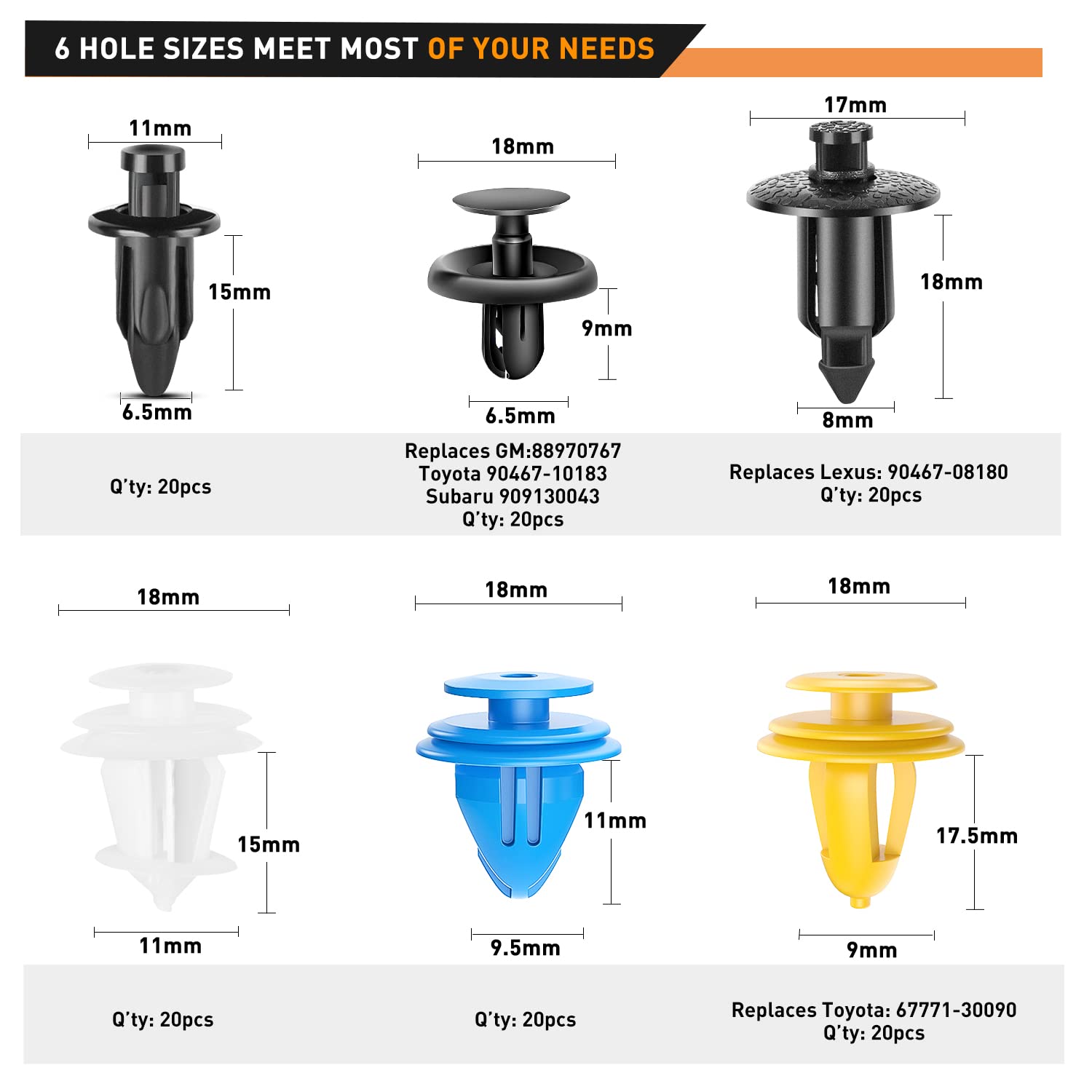 Gooacc 120Pcs Car Bumper Retainer Clips & Fasteners Rivet Kit 6.5Mm 8Mm 9Mm 9.5Mm 11Mm For Toyota Dashboard Panel Front Fender L