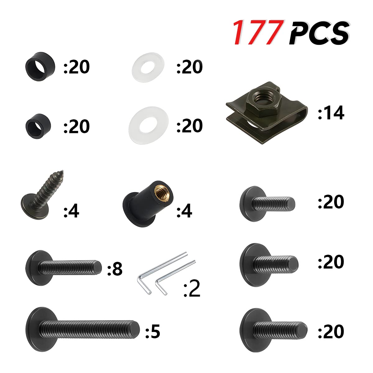 Motorcycle Fairing Bolt Kit, 177Pcs M5 M6 Motorcycle Windscreen Screws, Aluminum Fasteners Fairing Bolts Nut Clips Kit, Mounting