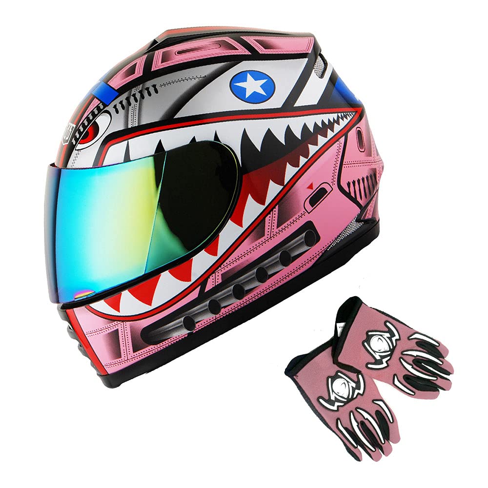 1Storm Youth Kids Motorcycle Full Face Helmet Street Bike Bmx Mx Shark Pink + Mg Youth Glove Bundle