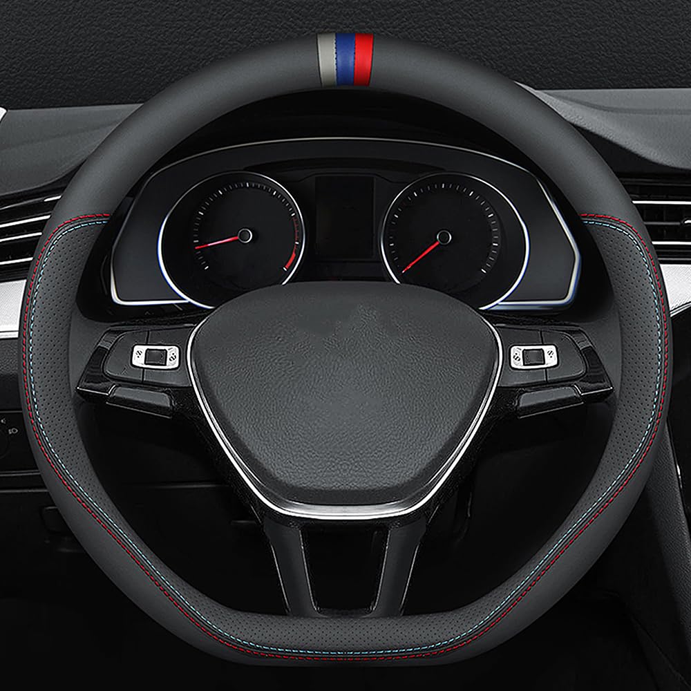 Carodi Latest Nappa Leather Car Steering Wheel Cover, Stylish Non-Slip Leather Car Interior 15 Inches Universal D-Shape,Black(Red And Blue Signs)