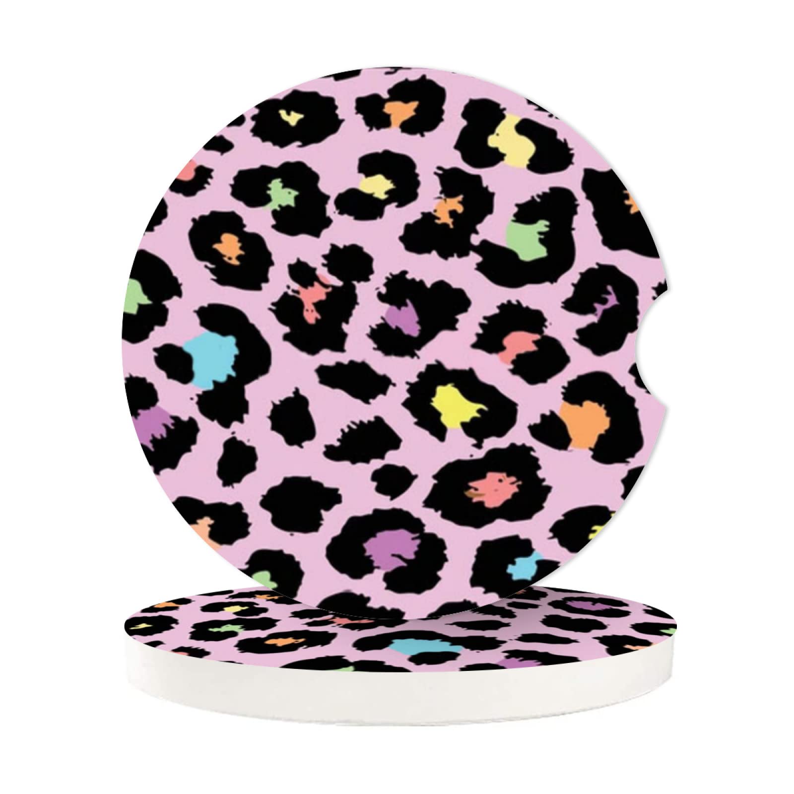 Rainbow Leopard Print Absorbent Car Cup Coasters,Cup Holders,Cork Base Drink Coasters With Finger Notch For Easy Move Of Car Cup