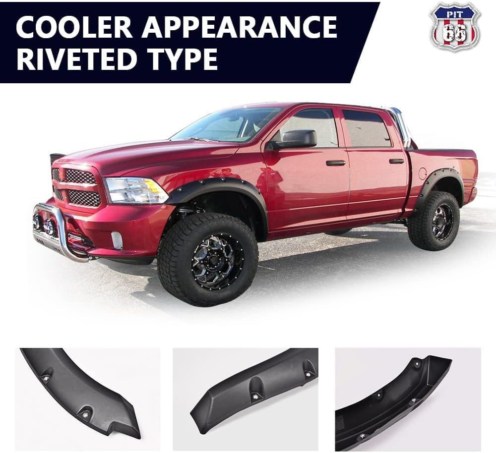 Pit66 Fender Flares, Compatible With 2009-2018 Dodge Ram 1500 Fleetside Models/2019-2022 1500 Classic (Not For R/T & Rebel Models) Rugged Textured Black Pocket Riveted Style Wheel Flares Set, 4 Pcs