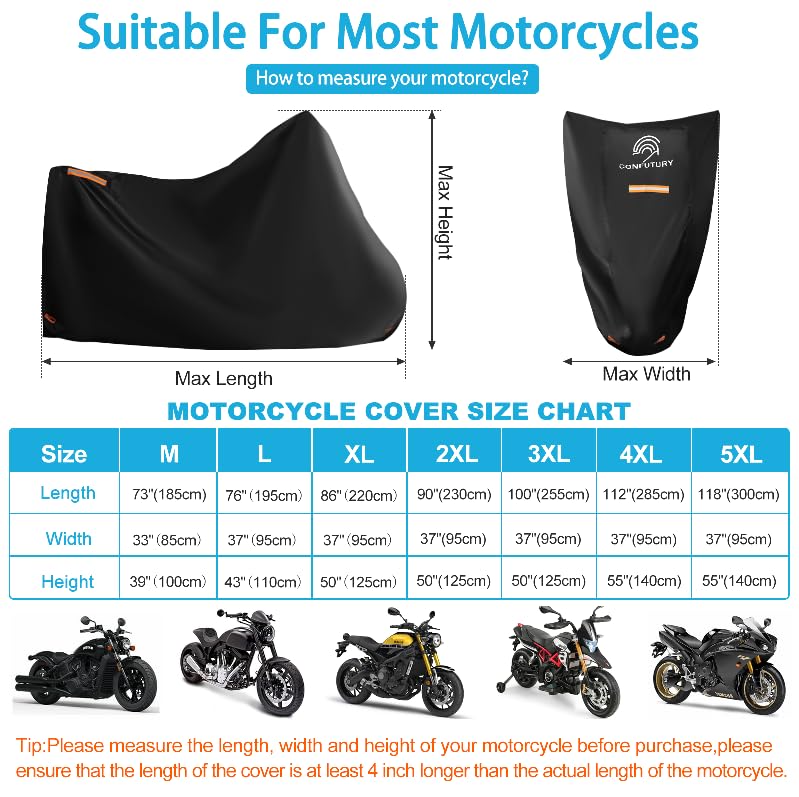 Large Motorcycle Cover With License Plate Window,600D Nano Oxford Cloth,4 Reflective Strips,2 Lock-Holes,3 Windproof Buckles & S