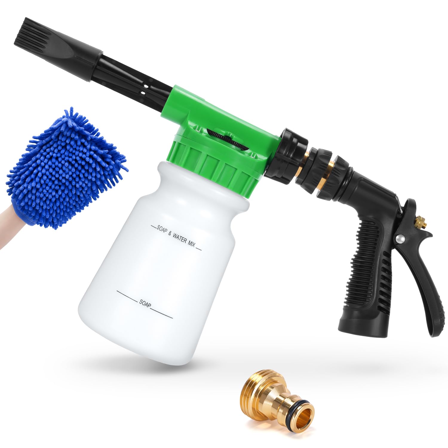 Ohuhu Car Wash Foam Gun, Car Wash Soap Sprayer With 3/8 Brass Connector & Car Washing Mitts, Dual Filtration, 6 Levels Of Foam Concentration, Quick Connect To Most Garden Hose (Green)