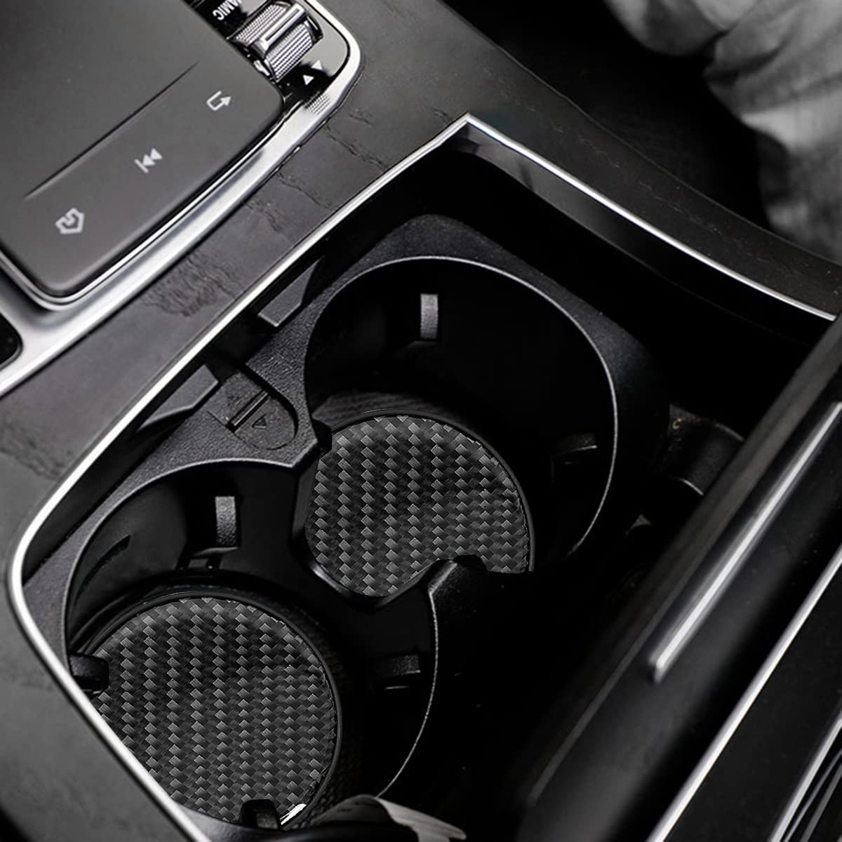 Besulen Car Cup Holder Coaster, 2 Pcs Carbon Fiber Non-Slip Embedded Coasters, Universal 2.75 Inch Cup Holder Insert Coaster Pad