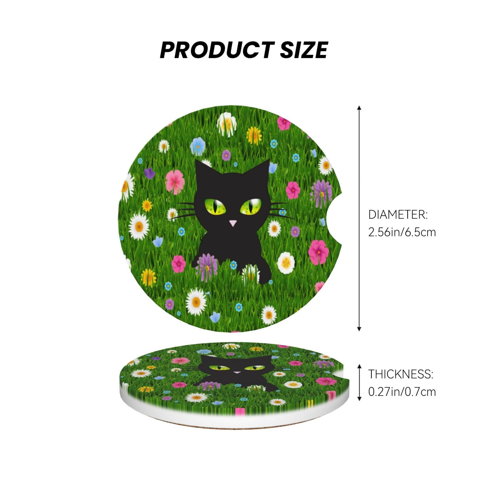 Black Cat Flower Car Cup Holder Coaster 2 Pack Absorbent Ceramic Car Coasters For Cup Holders Car Accessories Interior For Women