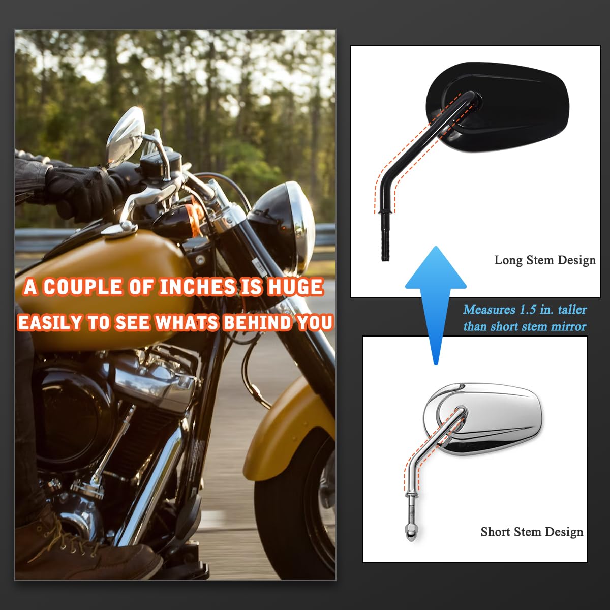 Fovplue Handlebar Mount Mirrors,Left & Right Side Long Stem Rearview Mirrors For 1982-2024 Harley Models,For Cvo Dyna Electra Glide Road Glide Road King Softail Street Glide Sportster 1200 883,Black