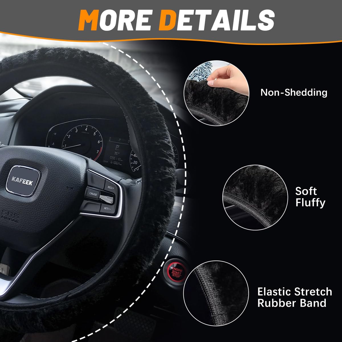 Kafeek Elastic Long Microfiber Plush Steering Wheel Cover For Winter Warm, Universal 15 Inch, Anti-Slip, Odorless, Black