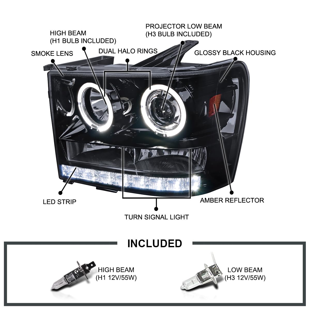 Spec-D Tuning Led Dual Halo Glossy Black Housing Smoke Lens Projector Headlights Compatible With 2007-2013 Gmc Sierra Models 1500/1500Hd/2500Hd/3500Hd Left + Right Pair Headlamps Assembly
