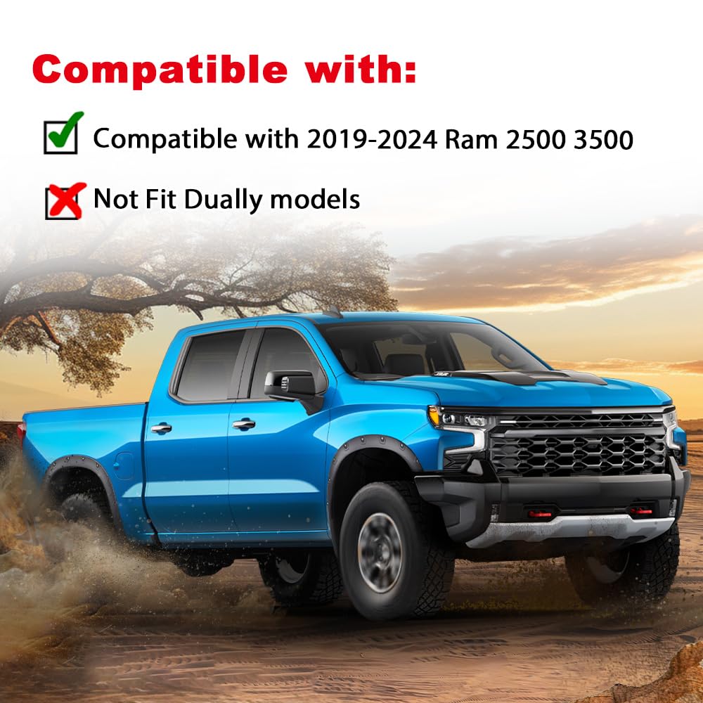 G-Plus Fender Flares Modified 4Pcs Matte Black Compatible With Dodge Ram 2500 3500 2019-2022 Pocket Rivet Smooth (Not Fit Dually