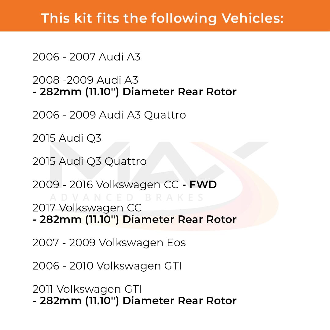 Max Advanced Brakes Rear Brake Kit For 2005-2010 Vw Jetta Passat Gti Tiguan Eos Cc Audi A3/Quattro Replacement Cross Drilled Disc Brake Rotors And Ceramic Brake Pads