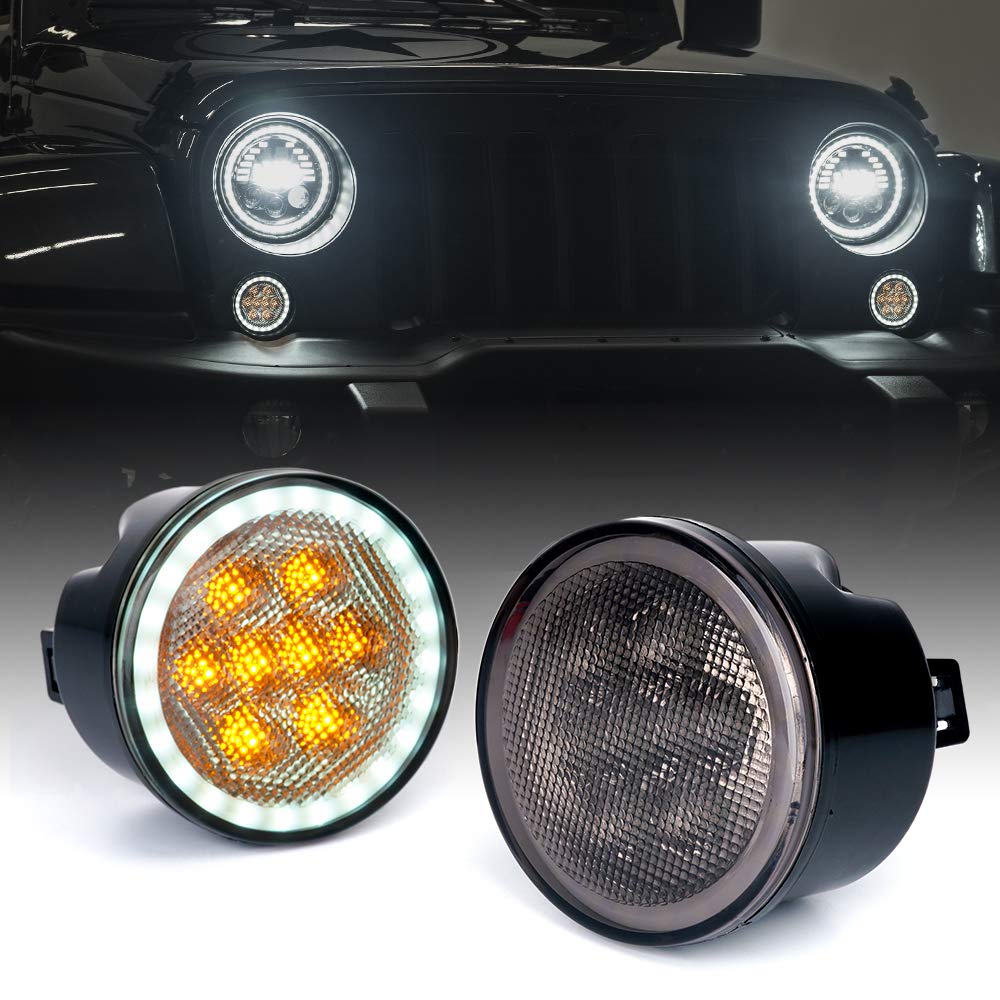 Xprite Smoked Lens Turn Signals Lights With Drl Halo, Led Front Grill Indicator Parking Lights Compatible With 2007-2018 Jeep Wr
