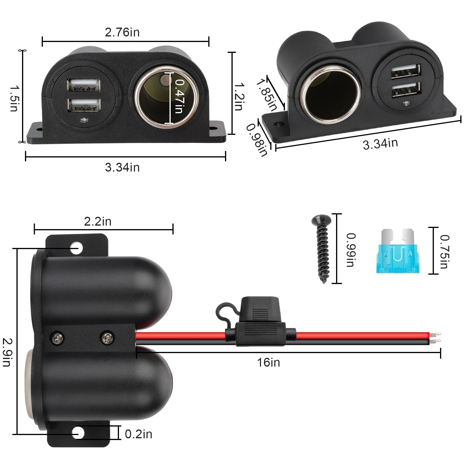2Pcs Dual Usb Outlet Cigarette Lighter Socket Splitter With Blade Fuse, 12V 4.2A Car Charger Power Adapter Replacement Waterproo