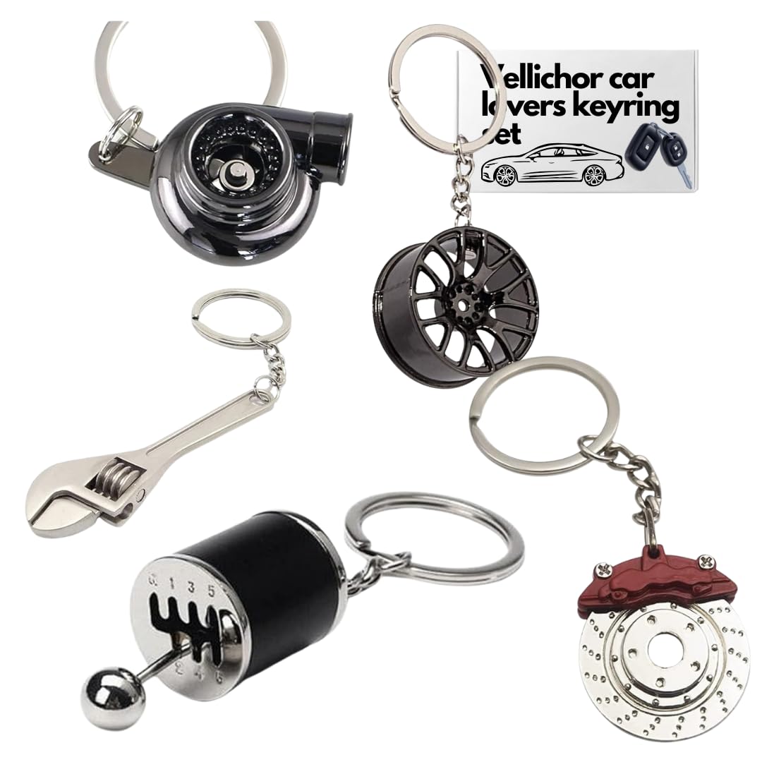 5Pc Car Lovers Key Chain Set - Manual Gear Shifter | Wheel Rim | Spanner | Turbo | Brake Disc Keychain | Automotive Accessories 