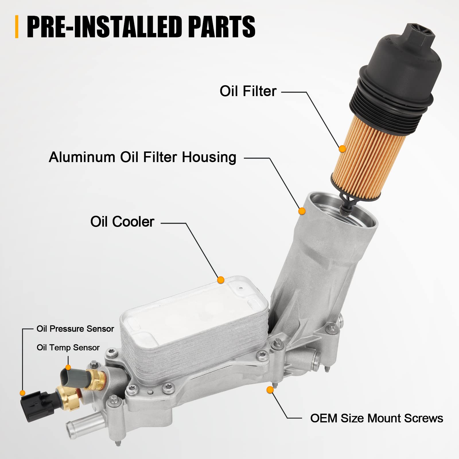 926-959 Upgrade Aluminum Engine Oil Cooler & Filter Housing Kit With Sensors And Gaskets Compatible With 2017-2018 Chrysler 200