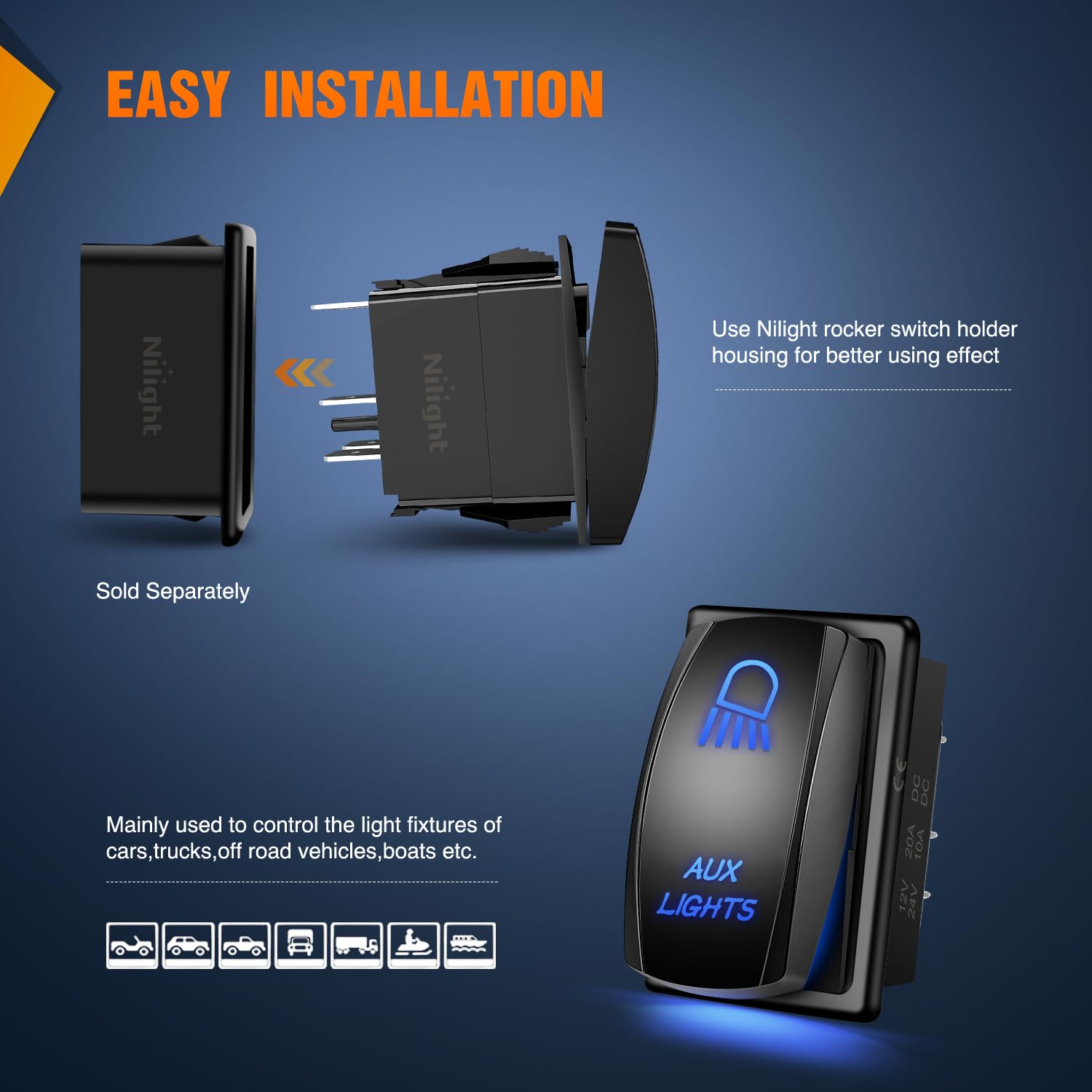 Nilight Aux Lights Rocker Switch Led Light Bar Switch 5 Pin Laser On Off SPST switches 20A/12V 10A/24V Switch Blue with Jumper W