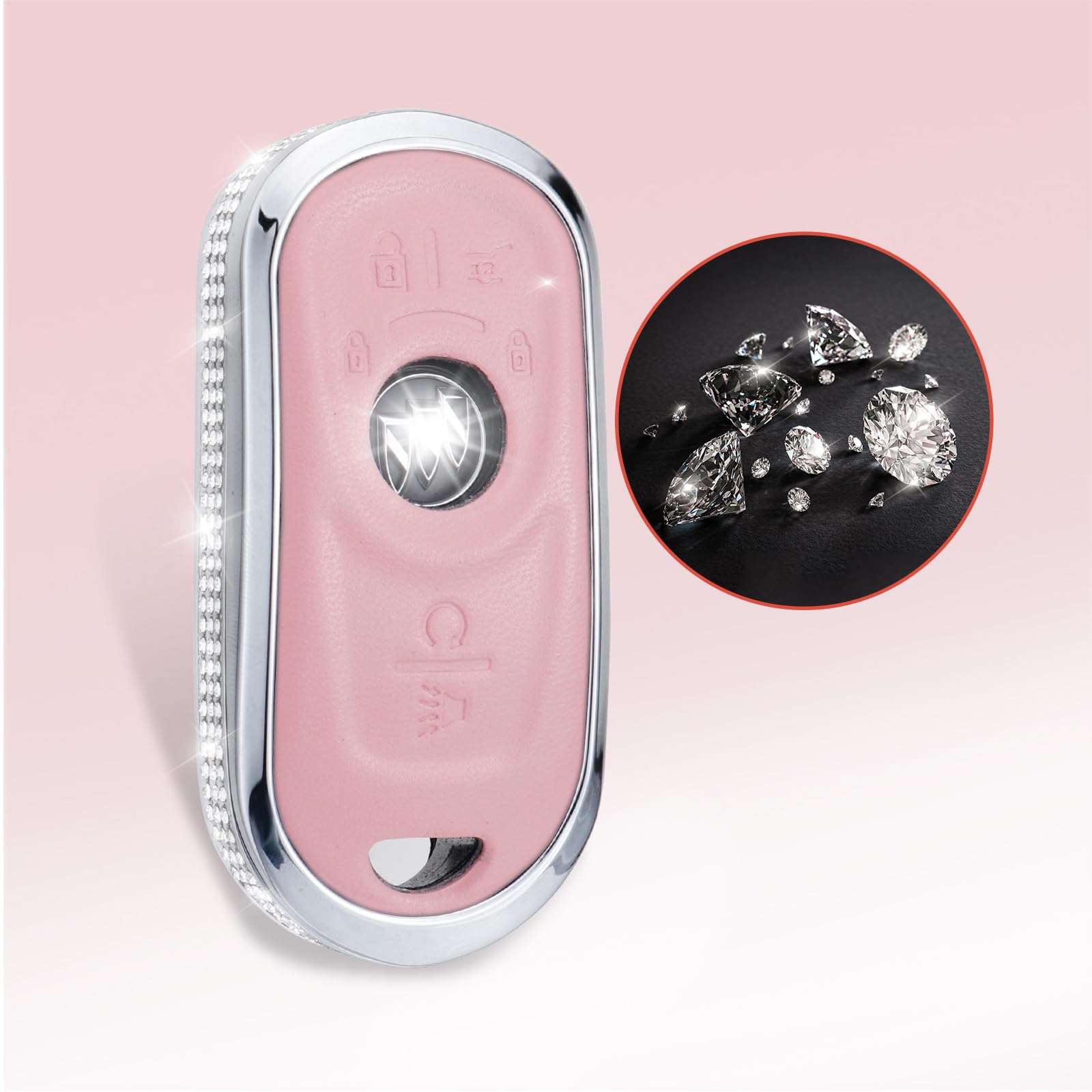 Ruabiban For Buick Key Fob Cover With Keychain, Pink Leather Crystal Key Case Protection Shell Compatible With Buick Encore Encl