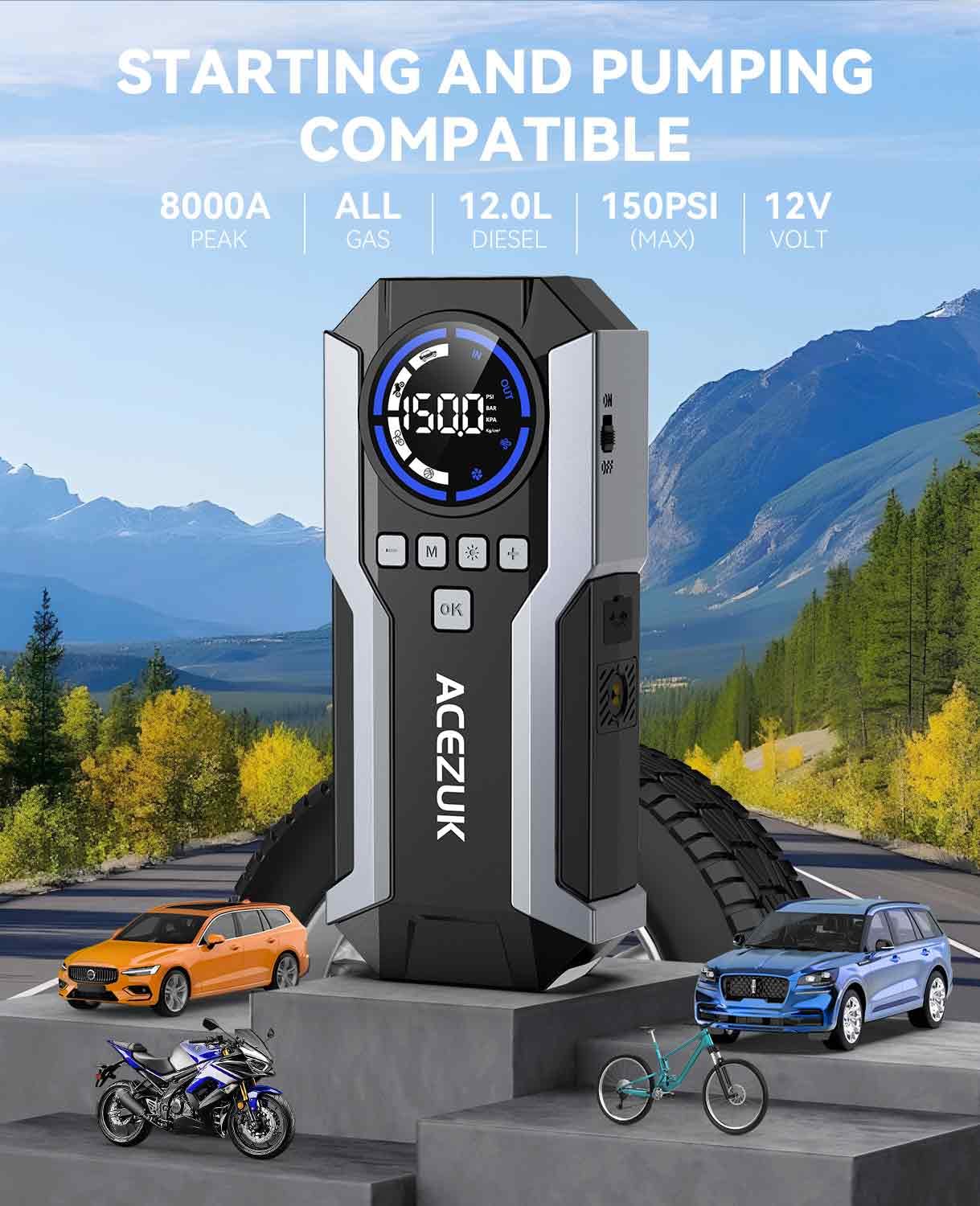 Jump Starter With Air Compressor, 8000A 150Psi Car Jump Starter (All Gas/10.0L Diesel), 12V Battery Jump Starters, Portable Jump