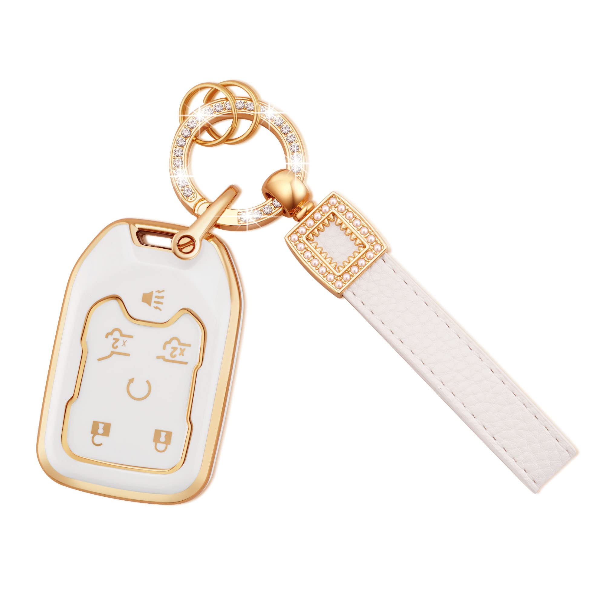 EKALA for GMC Key Fob Cover with Leather Key Fob Keychain, 6 Buttons Soft TPU Keys Shells White Key Fob Cover Compatible with GM