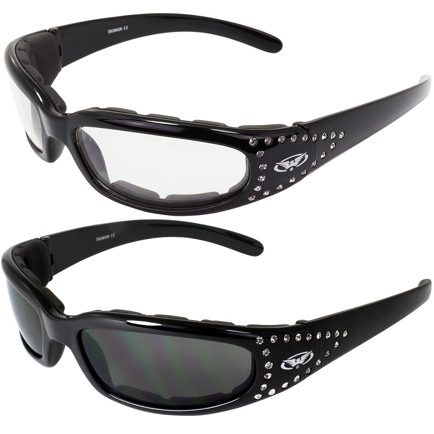 Global Vision 2 Pairs Of Marilyn-3 Women'S Ladies Padded Motorcycle Sunglasses Bling Black Studded Frames With Clear & Smoke Len