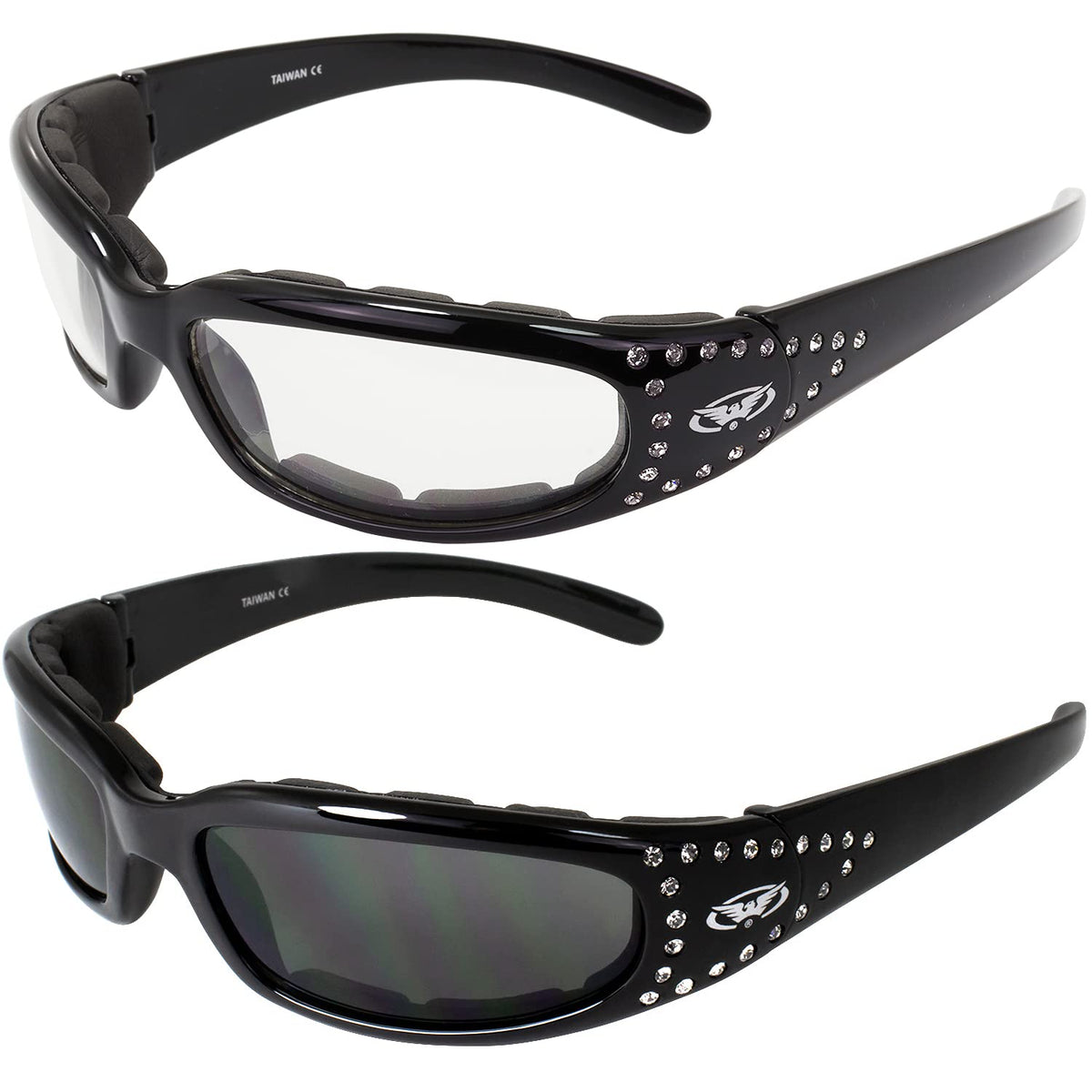 Global Industrial Set Of 2 Women Padded Motorcycle Sunglasses Riding Glasses Clear And Smoked Rhinestones With Vented Eva Foam P
