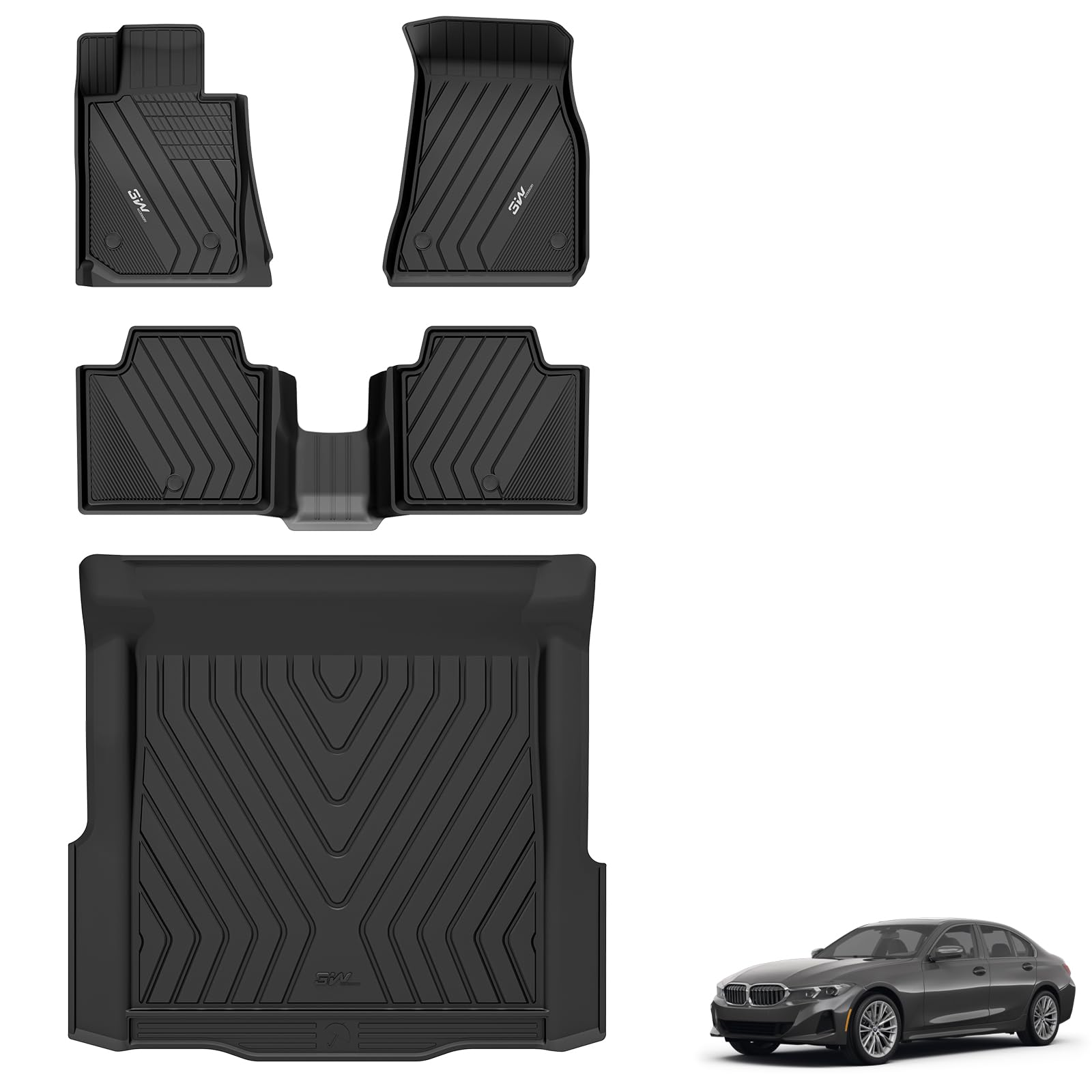 3W Floor Mats & Cargo Liner Custom Fit for 2019-2024 2025 G20 BMW 3 Series 330i 330e Sedan, TPE All Weather Floor Liner for BMW 