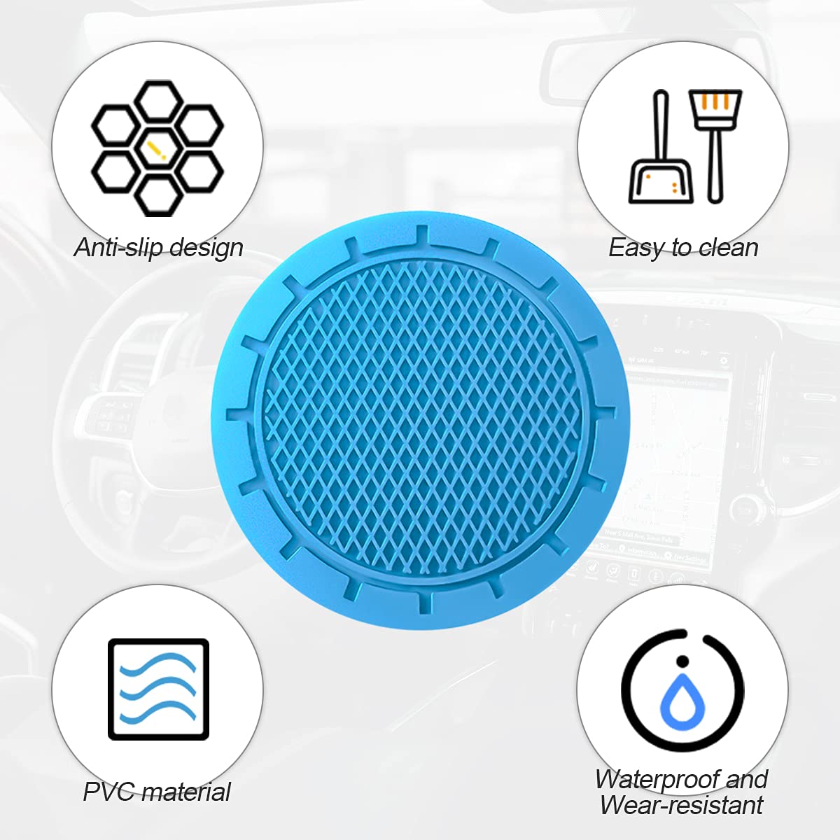 Car Cup Holder Coaster, 4 Pack 2.75 Inch Diameter Non-Slip Universal Insert Coaster, Durable, Suitable For Most Car Interior, Car Accessory For Women Men (Light Blue)