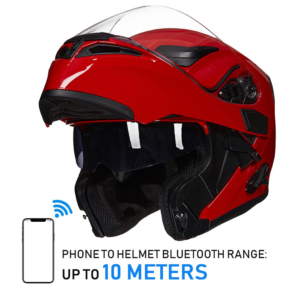 Ilm Bluetooth Motorcycle Helmet Modular Flip Up Full Face Dual Visor Mp3 Intercom Fm Radio Dot Model 902Bt(Bright Red, Medium)