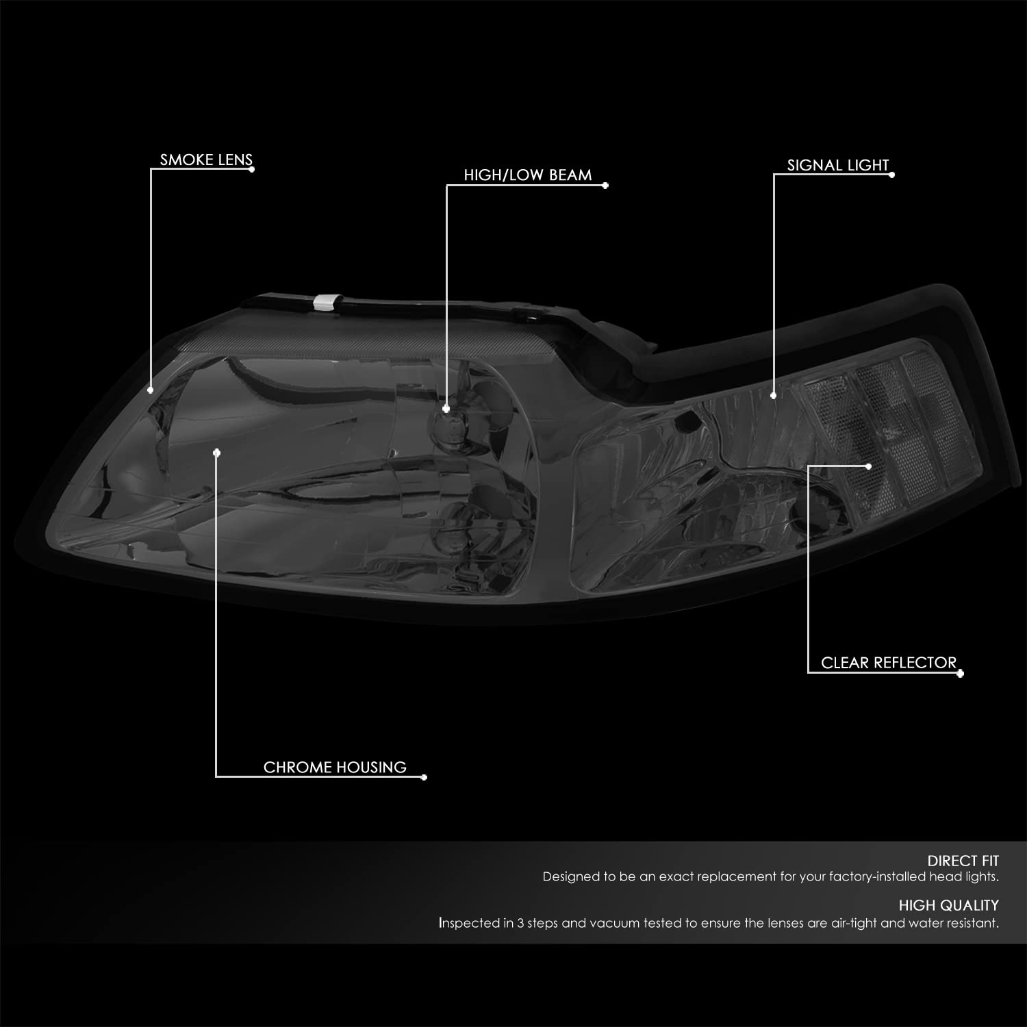 Dna Motoring Hl-Oh-Fm99-Sm-Cl1 Smoke Lens Headlights Compatible With 99-04 Ford Mustang