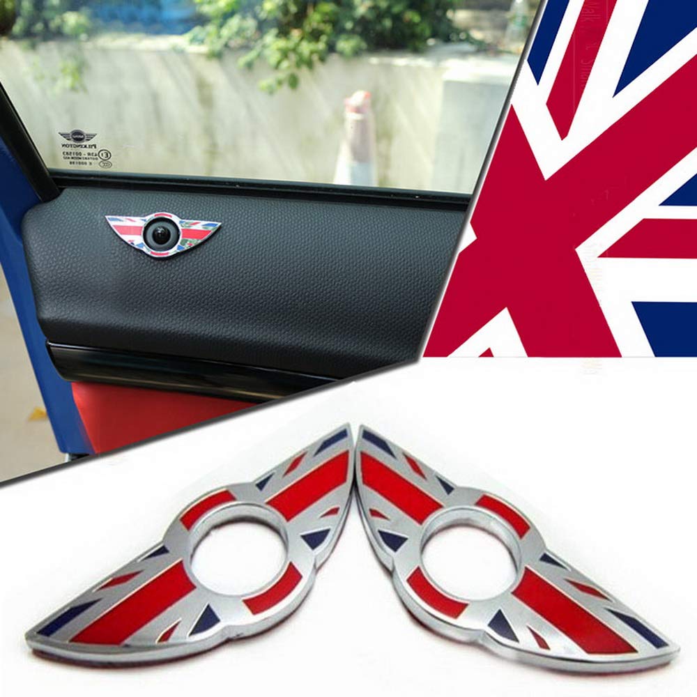 iJDMTOY (2) Union Jack Style Wing Emblem Rings for Mini Cooper R55 R56 R57 R58 R59 Door Lock Knobs, Red/Blue UK Flag Design (Doe