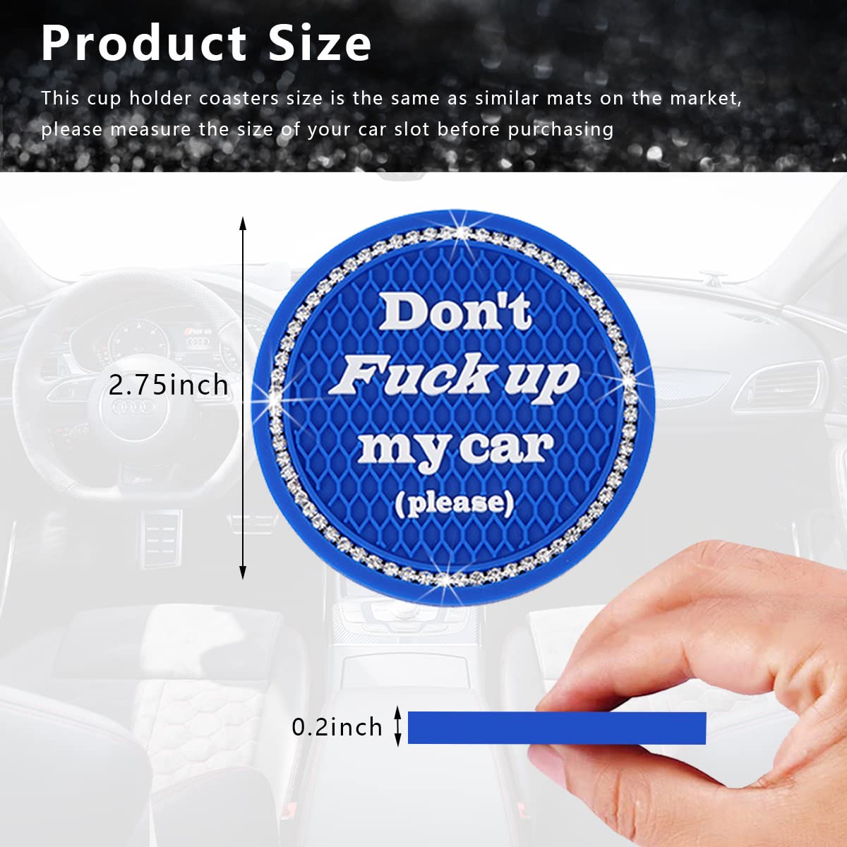 Ziciner 2 Pack Bling Car Cup Holder Coasters With Start Stop Button Cover, 2.75 Inch Crystal Rhinestone Soft Rubber Auto Cup Ins