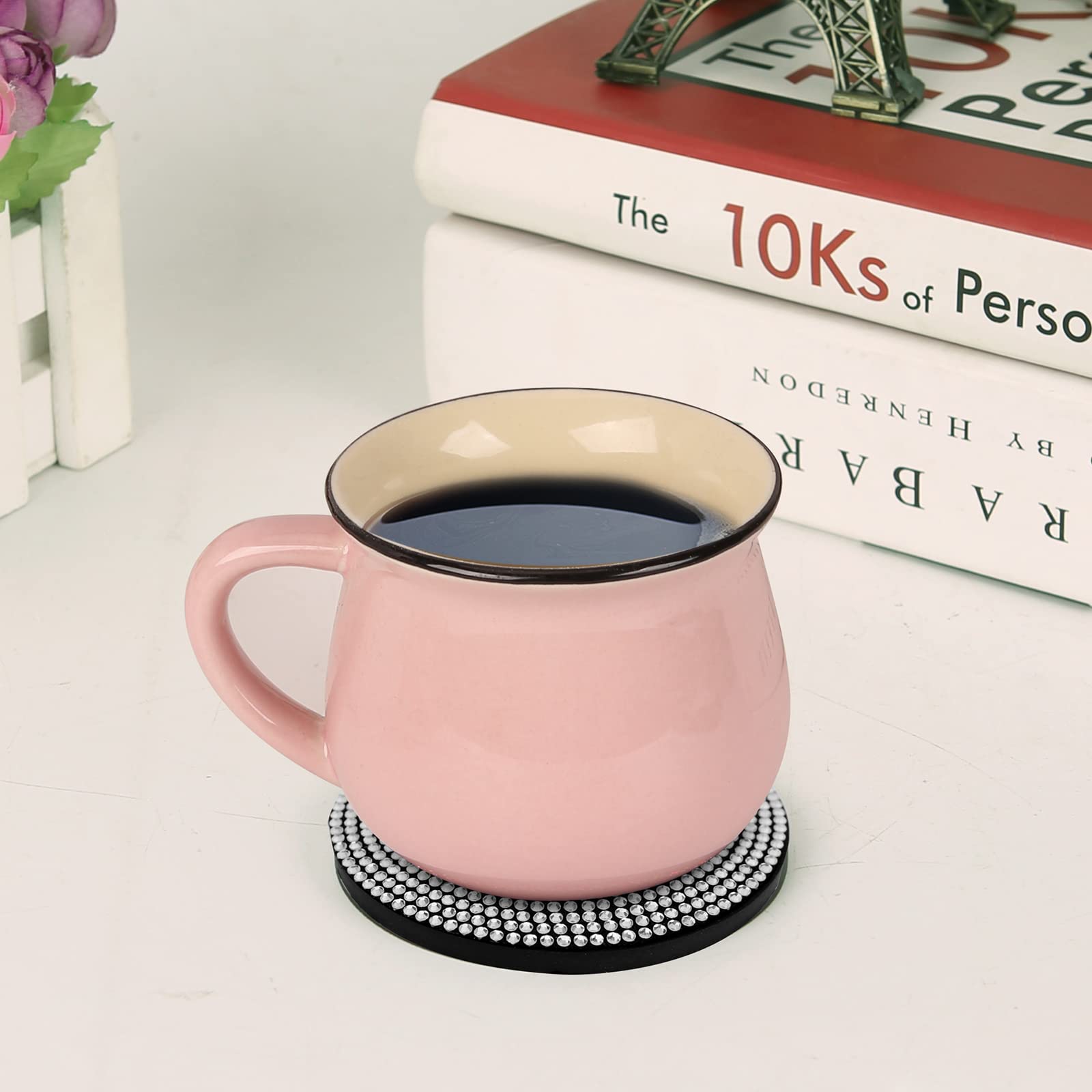 2 Pack Bling Cup Holder Insert Coasters, 2.75 Inch Soft Crystal Rhinestone Rubber Pad Set Round Auto Drink Coaster Car Interior