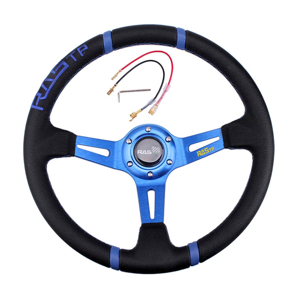 Rastp Universal Racing Steering Wheel,Deep Dish Steering Wheel Leather Embroidery 13.58”/345Mm 6 Bolts With Horn Button Include Cable, Wrench,Blue