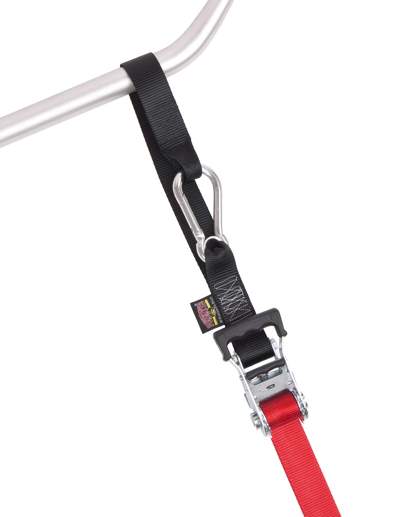 Powertye 1.5In X 6.5Ft Heavy Duty Ratchet Tie-Down Straps With Soft-Tye And Carabiner Hooks - 1,000 Lb Working Load Limit / 3,000 Lb Breaking Strength - Made In Usa - Red/Black Pair